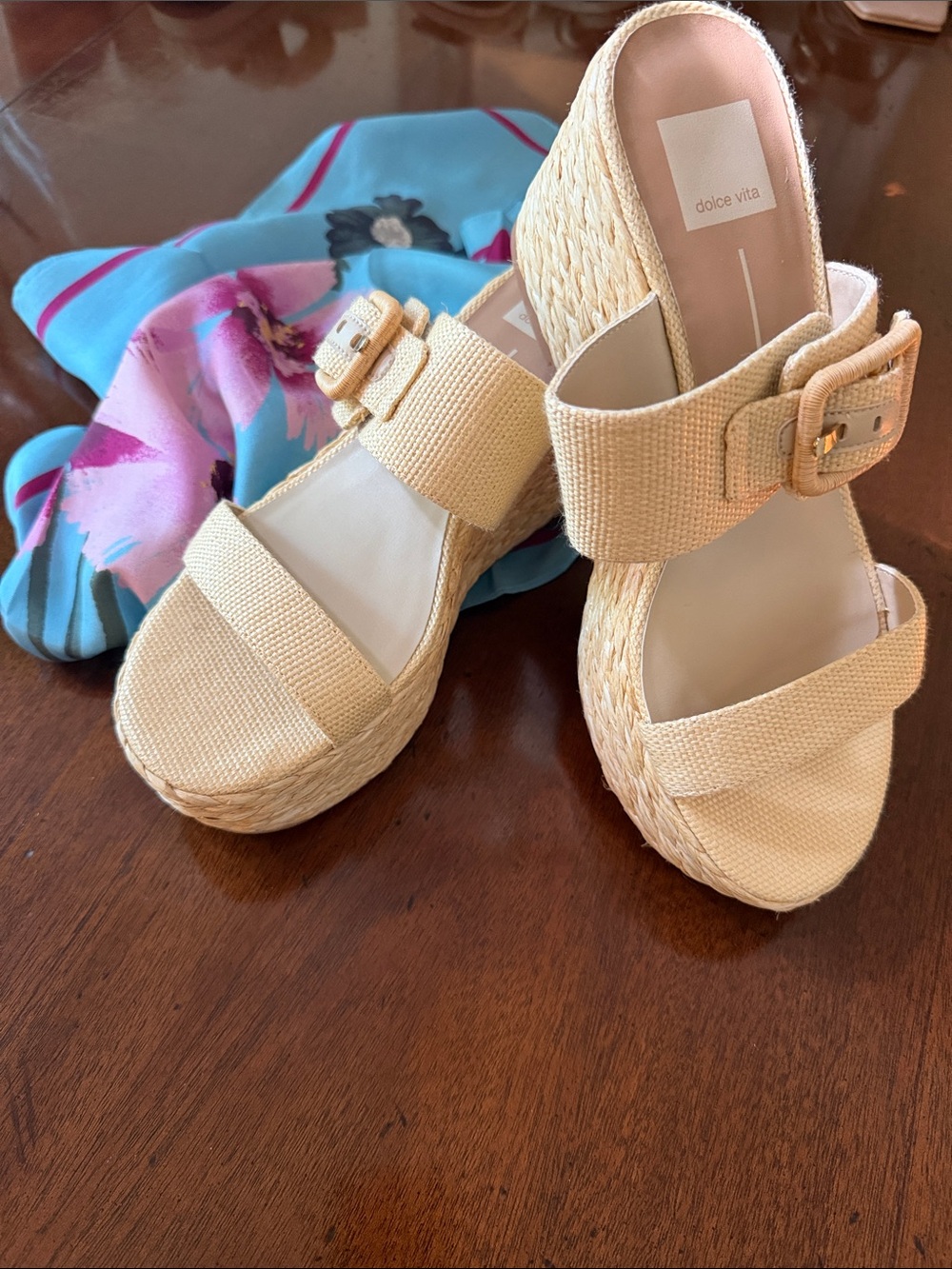 Dolce Vita Cream Woven Espadrille Wedge Sandals with Buckle